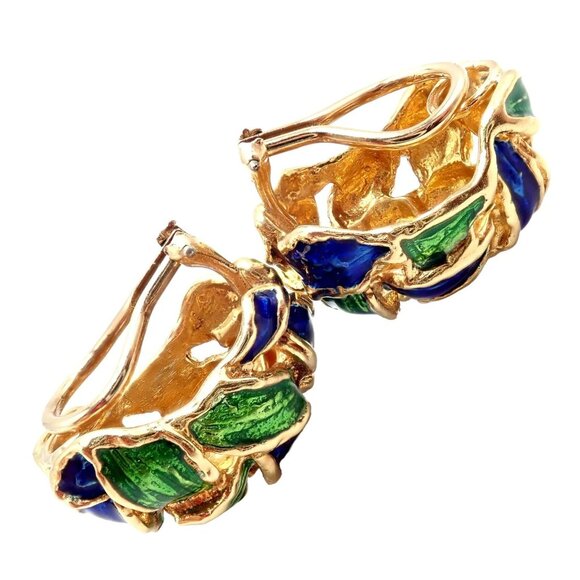 Vintage Tiffany & Co Green Blue Enamel 18k Yellow Gold Basket Weave Earrings - Picture 12 of 12